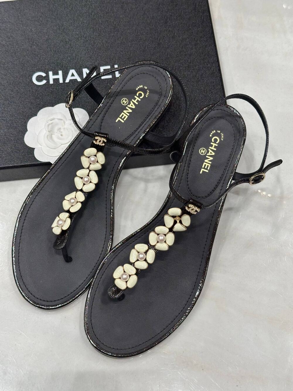 Chanel Black Flower Pearl Thong Sandals - EU 41